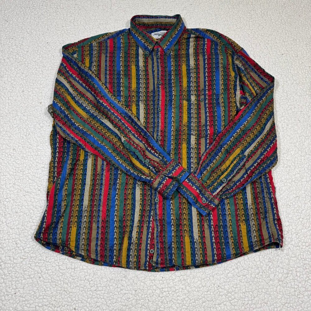 Vtg Missoni Sport Striped Multi-Color Casual Dress Shirt Cosby Retro Size XXL